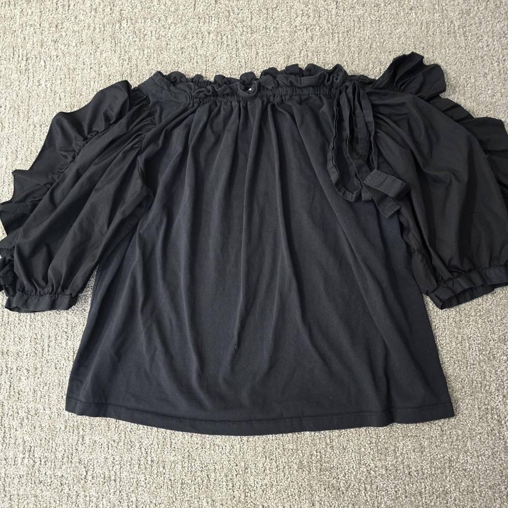 See by Chloé Off Shoulder Puff Sleeve Blouse Black‎ Cotton Tie Neck Top M